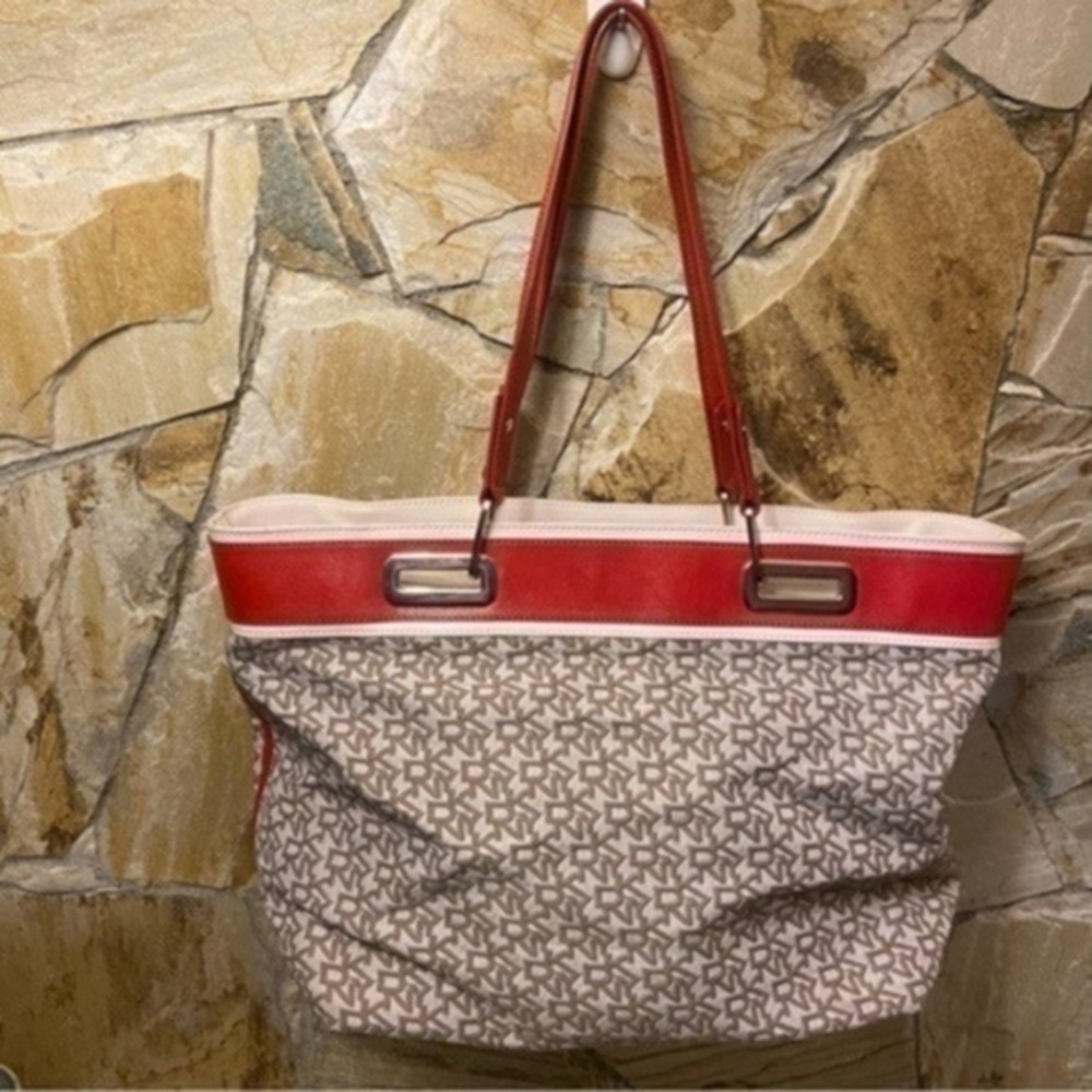 DKNY satchel monogram neutral canvas with red leather details and gold hardware